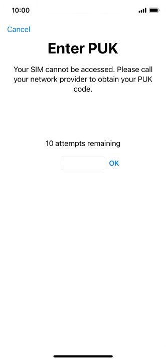 Key in the PUK and press OK.