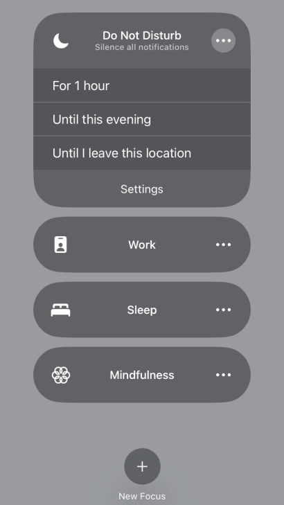 Press the required setting to activate the selected focus mode for a specified period of time or until you leave your current location.