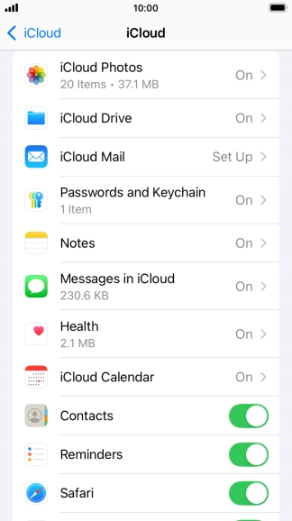 Press the indicators next to the required data types to turn synchronisation of each data type on or off.