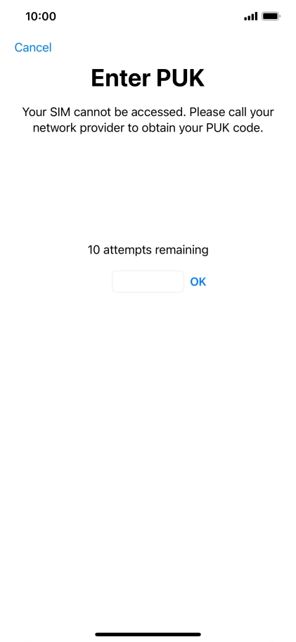 Key in the PUK and press OK.