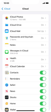 Press the indicators next to the required data types to turn synchronisation of each data type on or off.