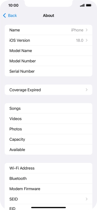 Your phone's software version is displayed next to iOS Version.