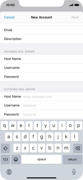 Press Host Name and key in the name of your email provider's outgoing server.