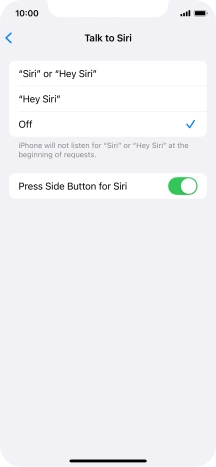 Press the required setting to turn the function on or off. If you turn on the function, you need to follow the instructions on the screen to set up Siri to recognise your voice.