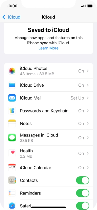 Press the indicators next to the required data types to turn synchronisation of each data type on or off.