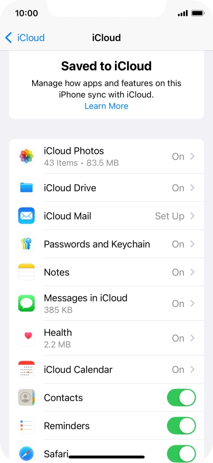 Press the indicators next to the required data types to turn synchronisation of each data type on or off.