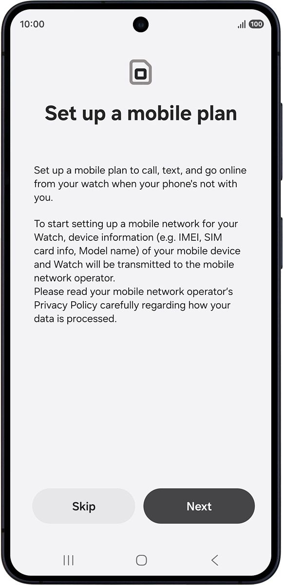 On your phone: Press Next and follow the instructions on the screen to set up mobile data.