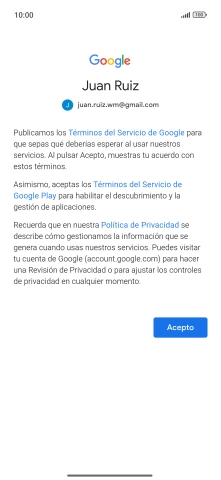 Pulsa Acepto y sigue las indicaciones de la pantalla para seleccionar los ajustes de tu cuenta de Google.