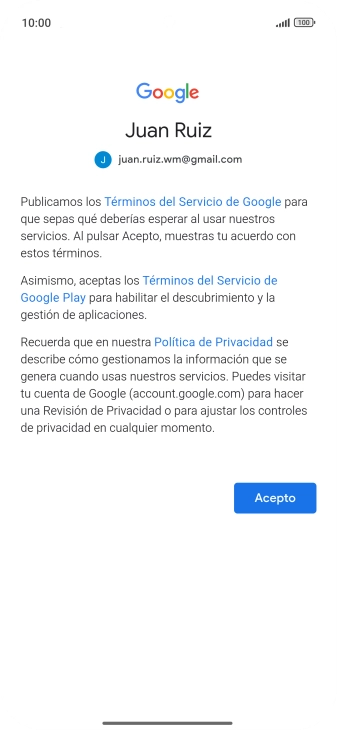 Pulsa Acepto y sigue las indicaciones de la pantalla para seleccionar los ajustes de tu cuenta de Google.