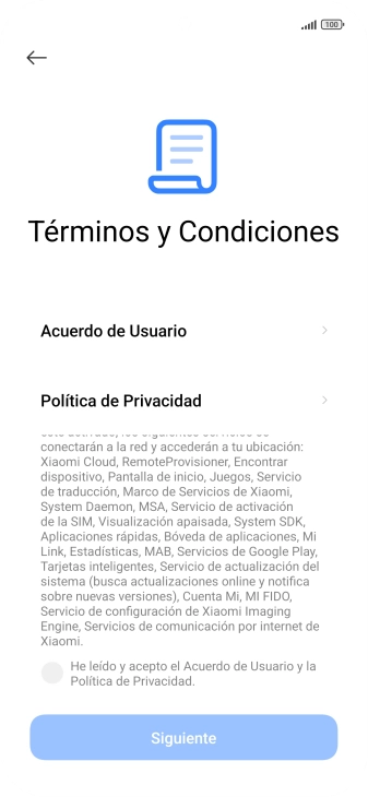 Pulsa en el campo  para aceptar los términos y condiciones.