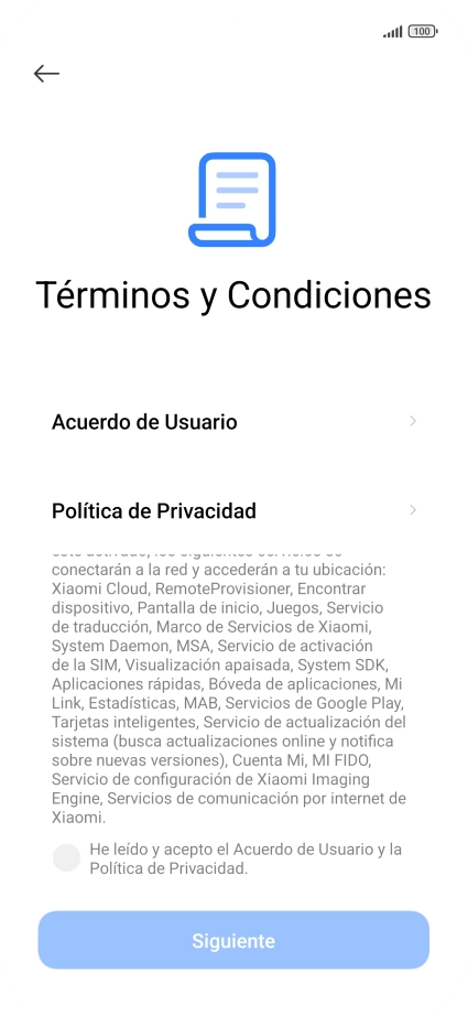 Pulsa en el campo  para aceptar los términos y condiciones.